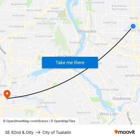SE 82nd & Otty to City of Tualatin map