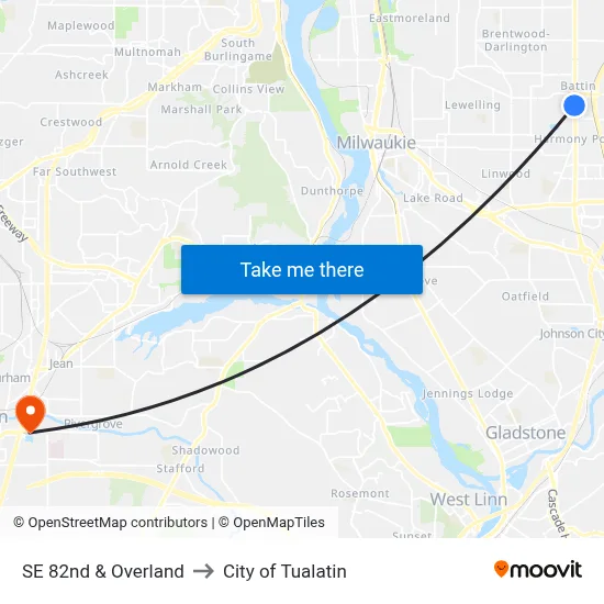 SE 82nd & Overland to City of Tualatin map