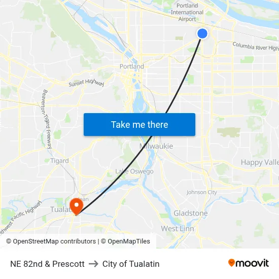NE 82nd & Prescott to City of Tualatin map