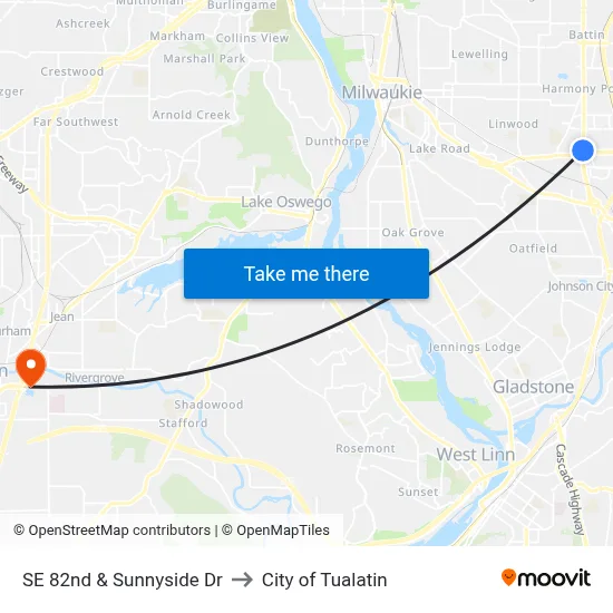 SE 82nd & Sunnyside Dr to City of Tualatin map