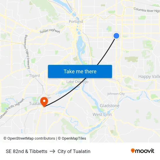 SE 82nd & Tibbetts to City of Tualatin map