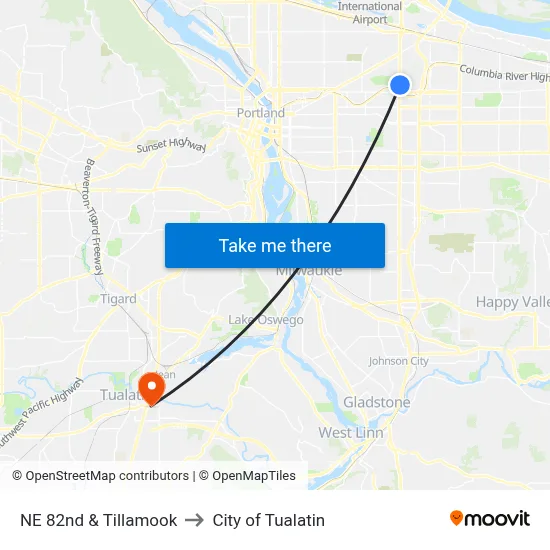 NE 82nd & Tillamook to City of Tualatin map