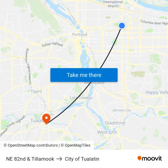 NE 82nd & Tillamook to City of Tualatin map