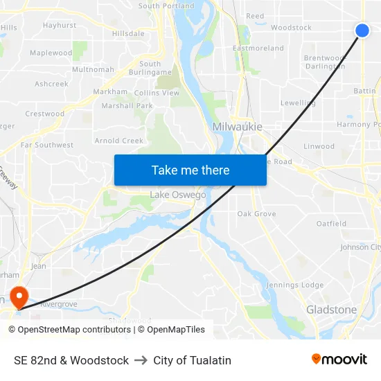 SE 82nd & Woodstock to City of Tualatin map