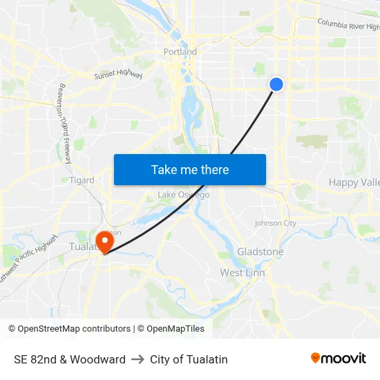 SE 82nd & Woodward to City of Tualatin map