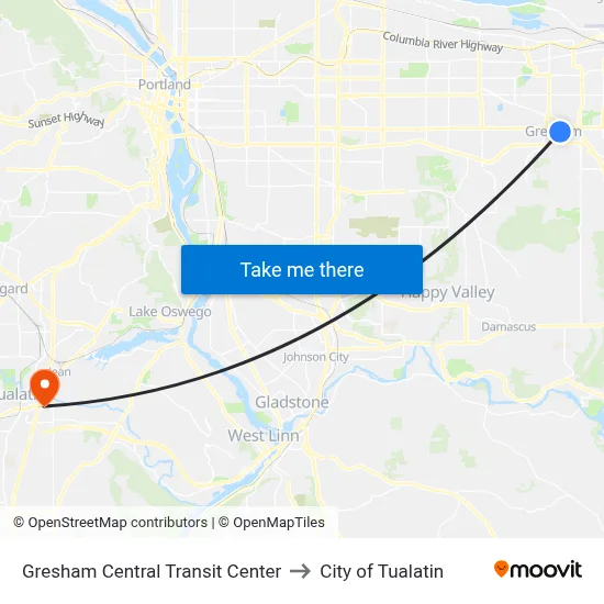 Gresham Central Transit Center to City of Tualatin map