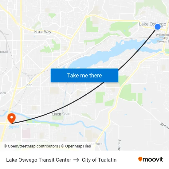 Lake Oswego Transit Center to City of Tualatin map