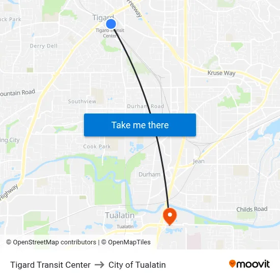 Tigard Transit Center to City of Tualatin map