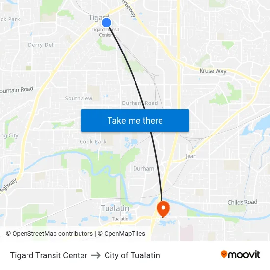 Tigard Transit Center to City of Tualatin map