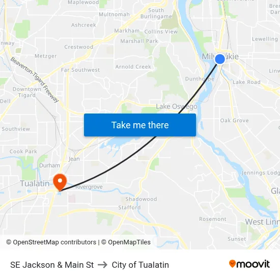 SE Jackson & Main St to City of Tualatin map