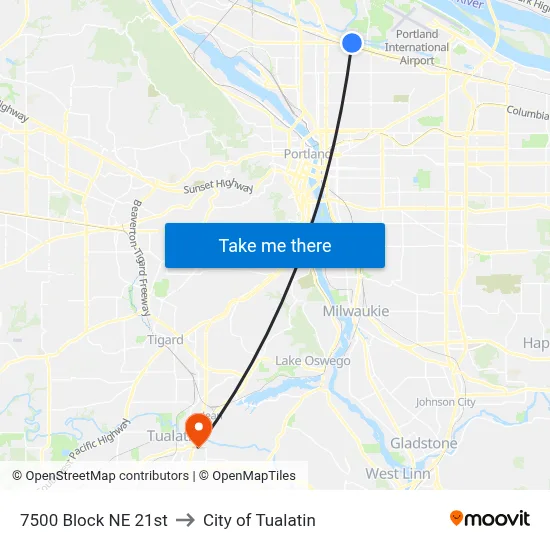 7500 Block NE 21st to City of Tualatin map