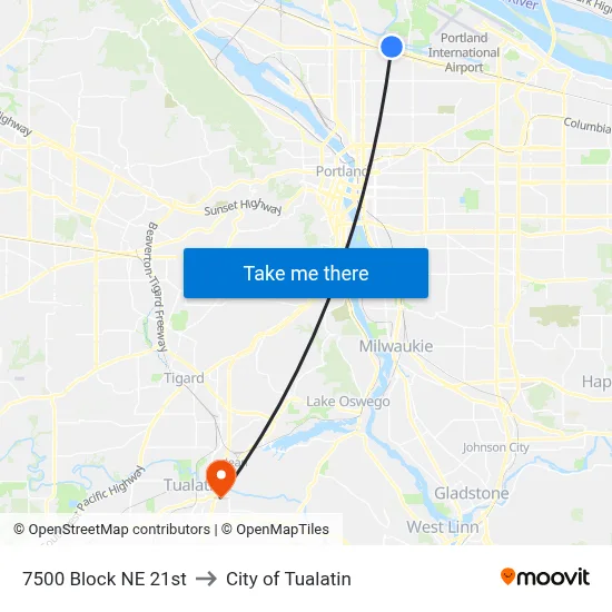 7500 Block NE 21st to City of Tualatin map