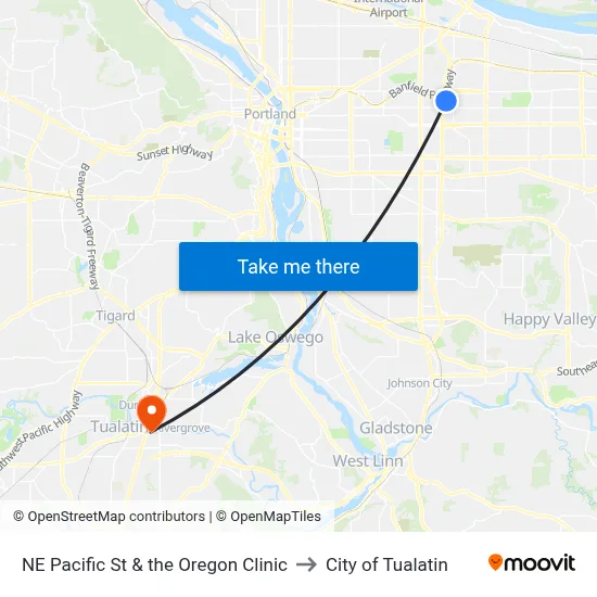 NE Pacific St & the Oregon Clinic to City of Tualatin map