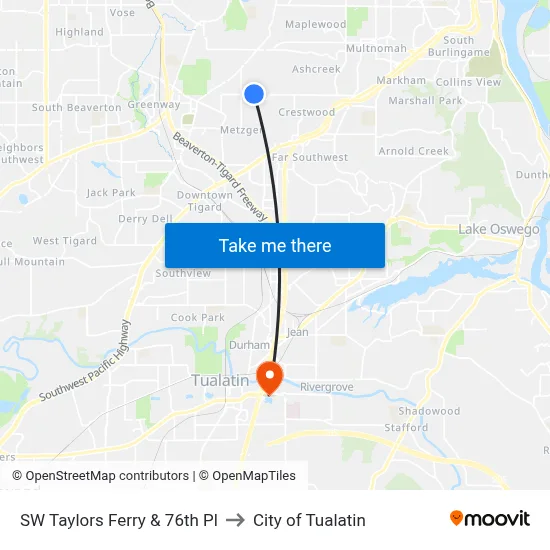 SW Taylors Ferry & 76th Pl to City of Tualatin map