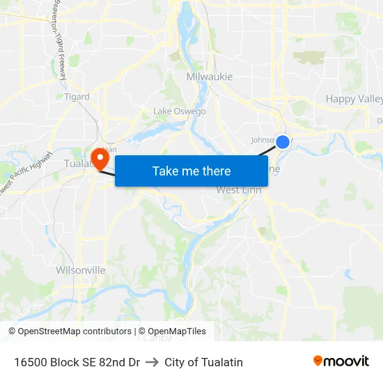 16500 Block SE 82nd Dr to City of Tualatin map