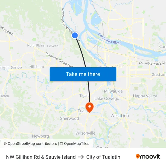 NW Gillihan Rd & Sauvie Island to City of Tualatin map