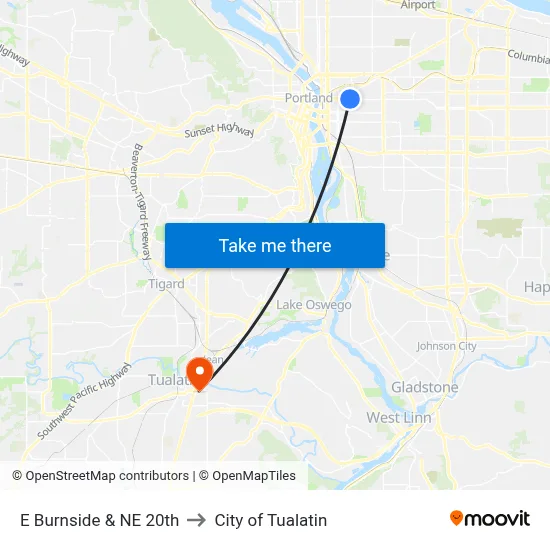 E Burnside & NE 20th to City of Tualatin map