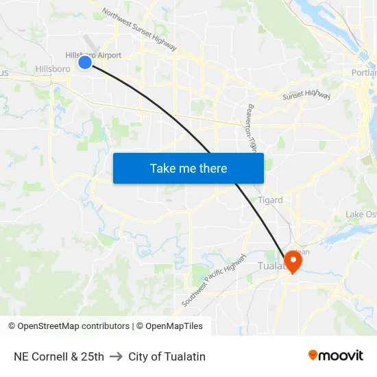 NE Cornell & 25th to City of Tualatin map