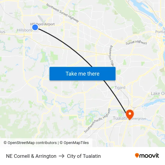 NE Cornell & Arrington to City of Tualatin map