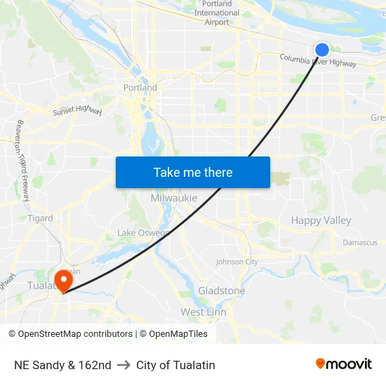 NE Sandy & 162nd to City of Tualatin map