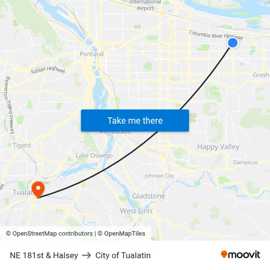 NE 181st & Halsey to City of Tualatin map
