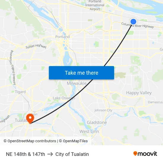 NE 148th & 147th to City of Tualatin map