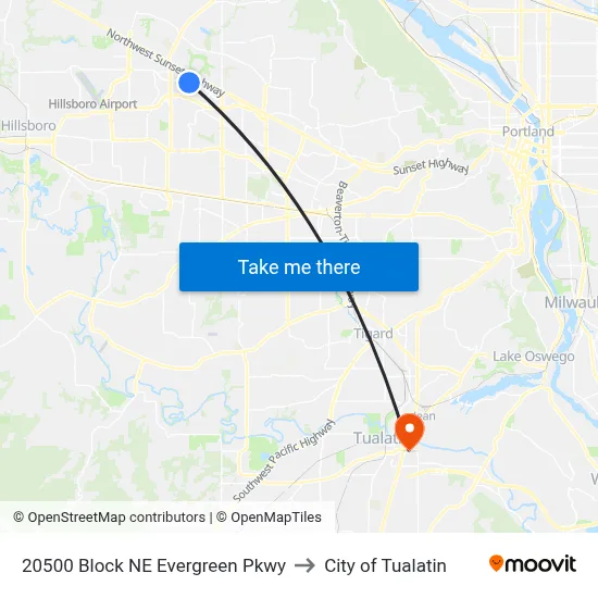20500 Block NE Evergreen Pkwy to City of Tualatin map