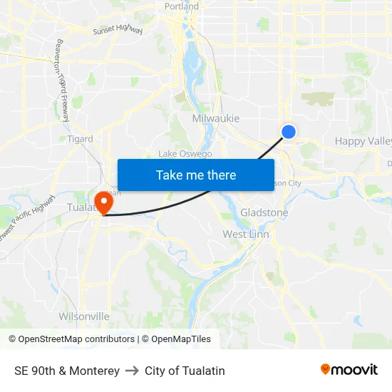 SE 90th & Monterey to City of Tualatin map