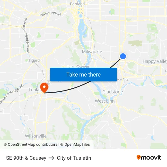 SE 90th & Causey to City of Tualatin map