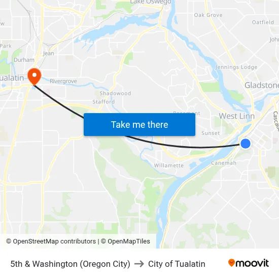 5th & Washington (Oregon City) to City of Tualatin map