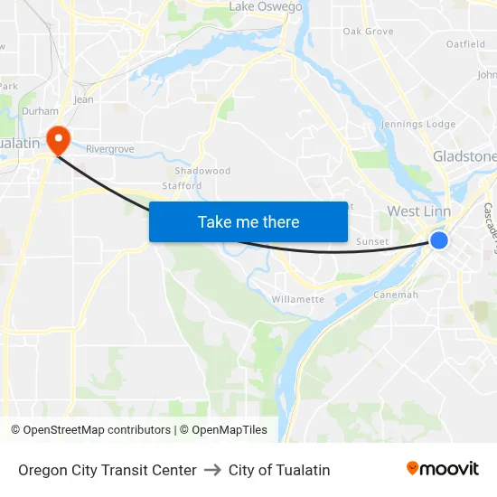 Oregon City Transit Center to City of Tualatin map