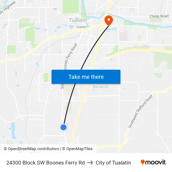 24300 Block SW Boones Ferry Rd to City of Tualatin map