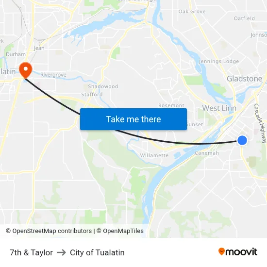 7th & Taylor to City of Tualatin map
