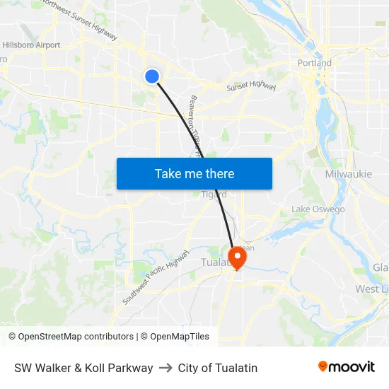 SW Walker & Koll Parkway to City of Tualatin map