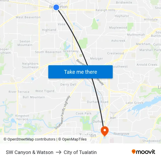 SW Canyon & Watson to City of Tualatin map