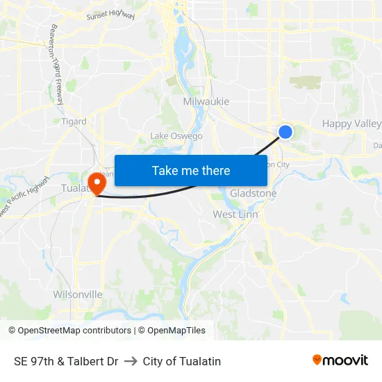 SE 97th & Talbert Dr to City of Tualatin map