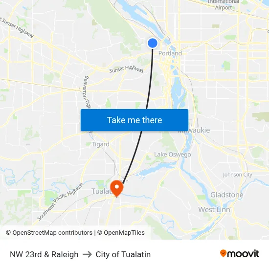 NW 23rd & Raleigh to City of Tualatin map