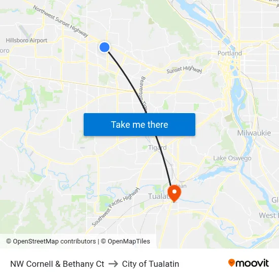 NW Cornell & Bethany Ct to City of Tualatin map