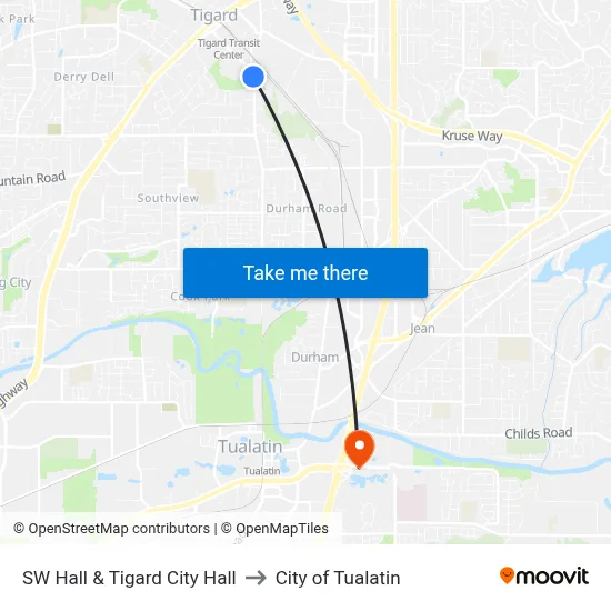 SW Hall & Tigard City Hall to City of Tualatin map