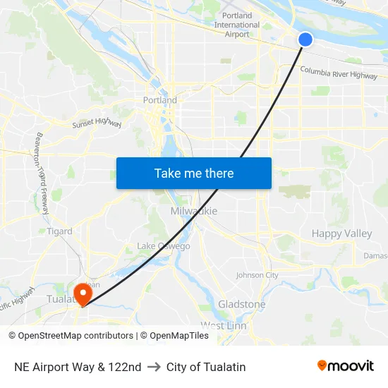 NE Airport Way & 122nd to City of Tualatin map