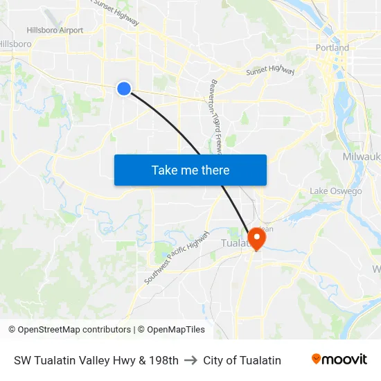 SW Tualatin Valley Hwy & 198th to City of Tualatin map