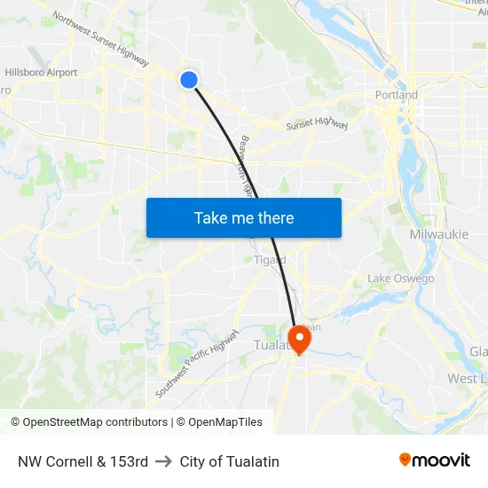 NW Cornell & 153rd to City of Tualatin map
