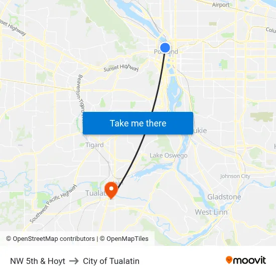 NW 5th & Hoyt to City of Tualatin map
