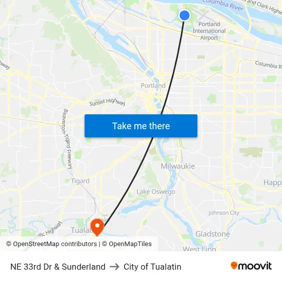 NE 33rd Dr & Sunderland to City of Tualatin map