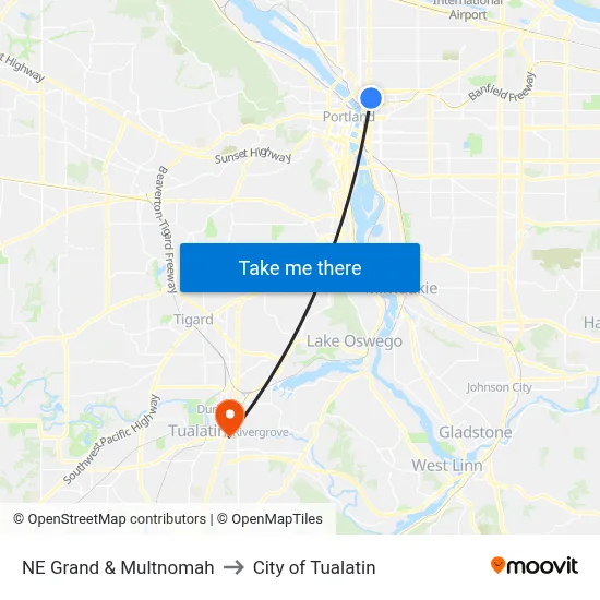 NE Grand & Multnomah to City of Tualatin map