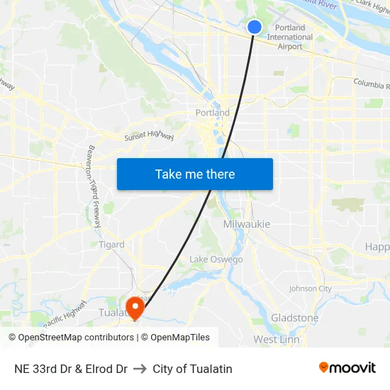 NE 33rd Dr & Elrod Dr to City of Tualatin map