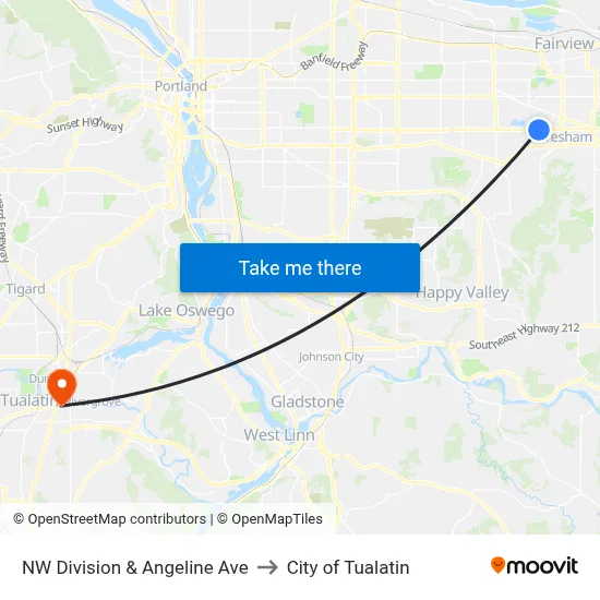 NW Division & Angeline Ave to City of Tualatin map