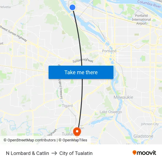 N Lombard & Catlin to City of Tualatin map