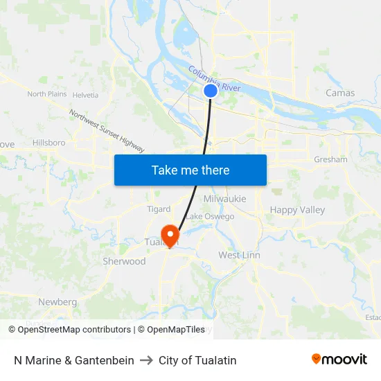 N Marine & Gantenbein to City of Tualatin map