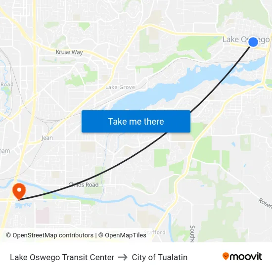 Lake Oswego Transit Center to City of Tualatin map